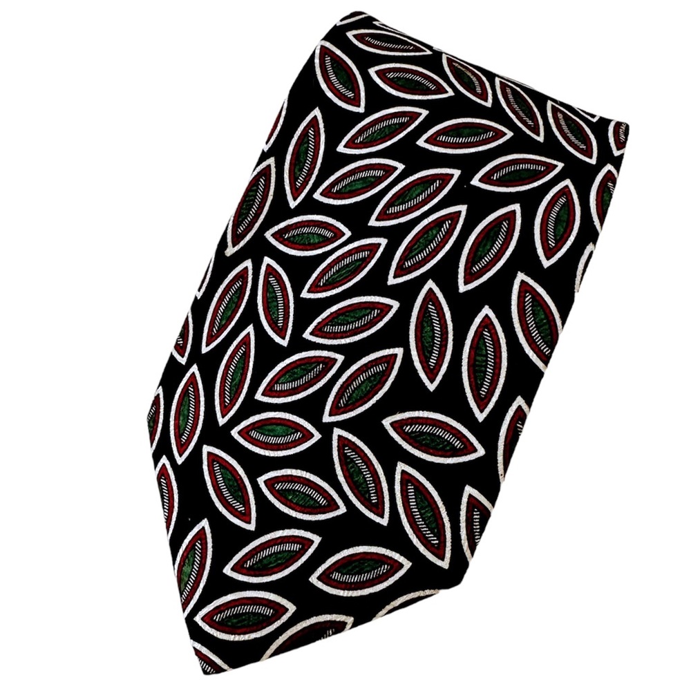 New Silk Tie White Green Red Accents Hand Printed in Italy Made in USA